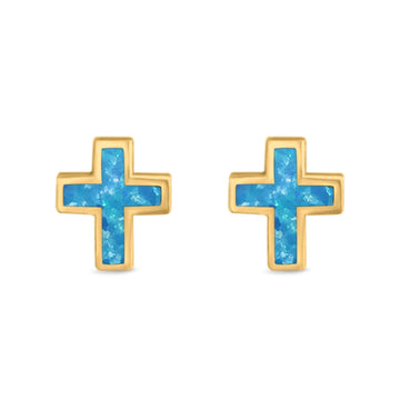 Cross Stud Earrings Yellow Tone, Lab Created Blue Opal 925 Sterling Silver